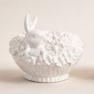 White Glazed Dolomite Bunny Basket Candleholders, Set of 2
