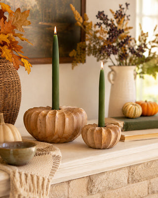 Sculpted Teakwood Pumpkin Candle Holders, Set of 2