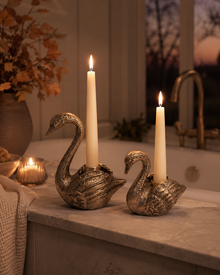 Cast Iron Swan Taper Candle Holders, Set of 2
