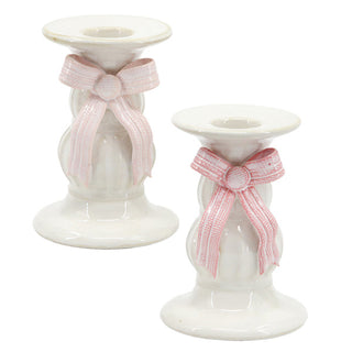 White Ceramic Taper Candle Holders with Pink Bow, Set of 2
