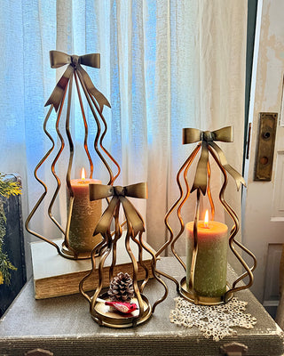 Metal Christmas Tree Candle Holders, Set of 3 Graduated Bow Pillar Stands