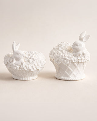 White Glazed Dolomite Bunny Basket Candleholders, Set of 2