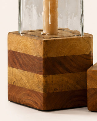 Square Glass and Wood Taper Candle Holders, Set of 2