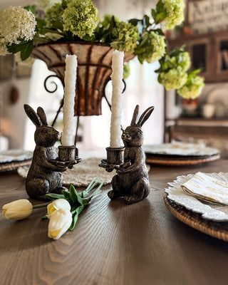 Vintage Bronze Bunny Taper Candle Holders, Set of 2