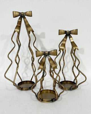 Metal Christmas Tree Candle Holders, Set of 3 Graduated Bow Pillar Stands