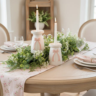 pink bow ceramic taper candle riser white gloss spring Easter tablescape
