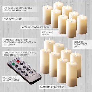 LED candle set size comparison showing medium and large flameless candles with remote control and timer features