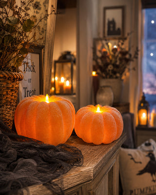 Flickering Flameless Pumpkin LED Candles with Timer, Set of 2