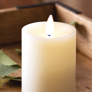 Detail shot of flameless LED candle flame showing 360 degree realistic flickering light