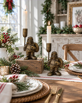 Antique Gold Finish Santa Candle Stands, Set of 2