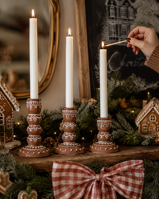 Gingerbread Candle Sticks, Set of 3 Resin Taper Holders Christmas Decor