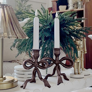 Ornate Bow Antique Bronze Cast Iron Candle Holders, Set of Two