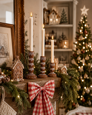 Gingerbread Candle Sticks, Set of 3 Resin Taper Holders Christmas Decor