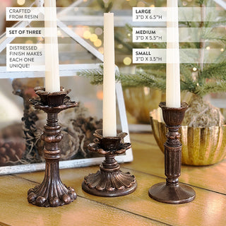 Three decorative candle holders with candles on a wooden surface, with product details overlayed.