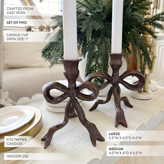 Ornate Bow Antique Bronze Cast Iron Candle Holders, Set of Two