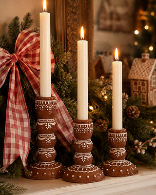 Gingerbread Candle Sticks, Set of 3 Resin Taper Holders Christmas Decor