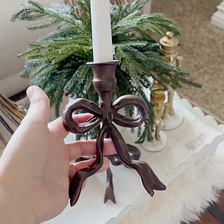 Ornate Bow Antique Bronze Cast Iron Candle Holders, Set of Two