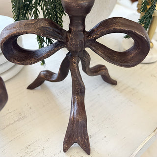 Ornate Bow Antique Bronze Cast Iron Candle Holders, Set of Two