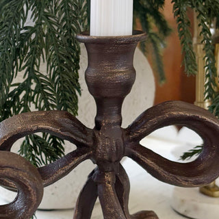 Ornate Bow Antique Bronze Cast Iron Candle Holders, Set of Two