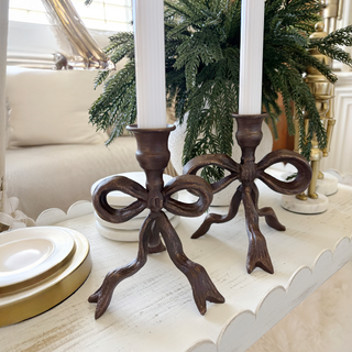 Ornate Bow Antique Bronze Cast Iron Candle Holders, Set of Two