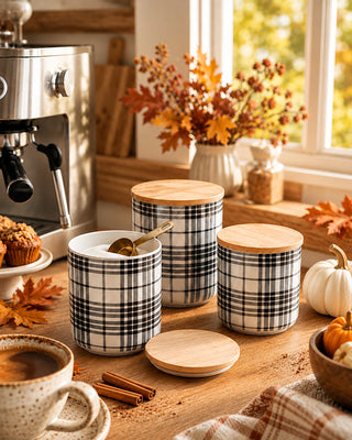 Black Plaid Canister, Set of 3 | Stoneware Kitchen Storage with Wood Lids