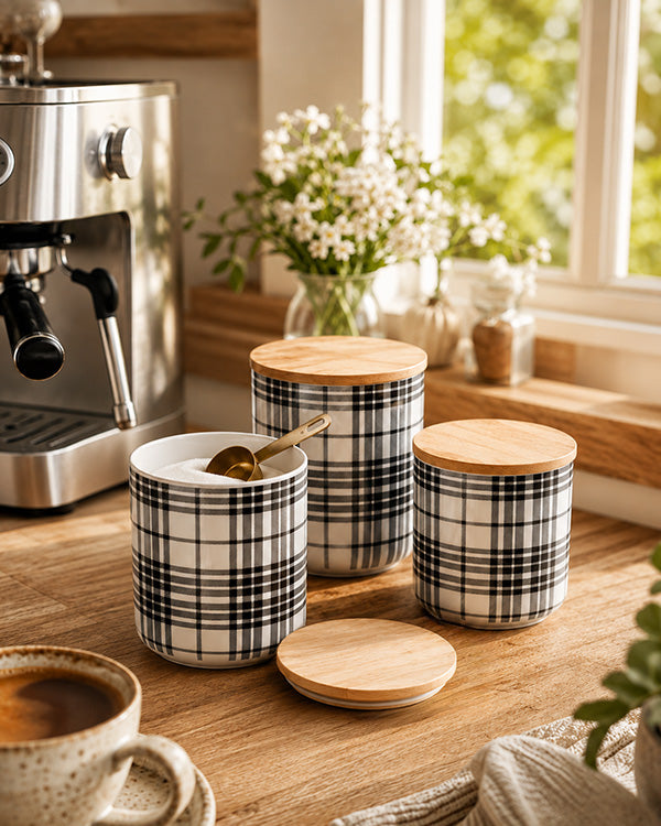 Black Plaid Canister, Set of 3 | Stoneware Kitchen Storage with Wood Lids