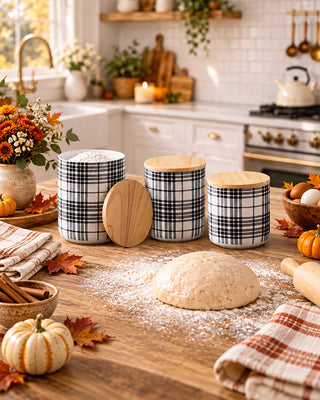Black Plaid Canister, Set of 3 | Stoneware Kitchen Storage with Wood Lids