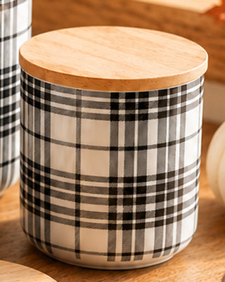 Black Plaid Canister, Set of 3 | Stoneware Kitchen Storage with Wood Lids