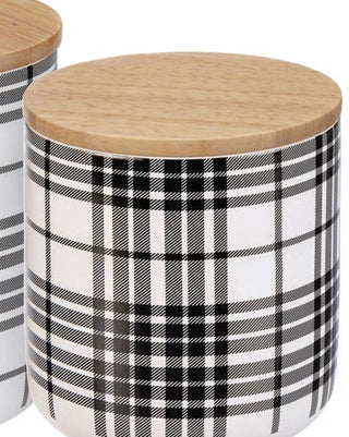 Black Plaid Canister, Set of 3 | Stoneware Kitchen Storage with Wood Lids
