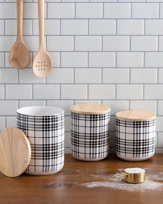 Black Plaid Canister, Set of 3 | Stoneware Kitchen Storage with Wood Lids