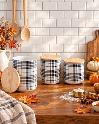 Black Plaid Canister, Set of 3 | Stoneware Kitchen Storage with Wood Lids