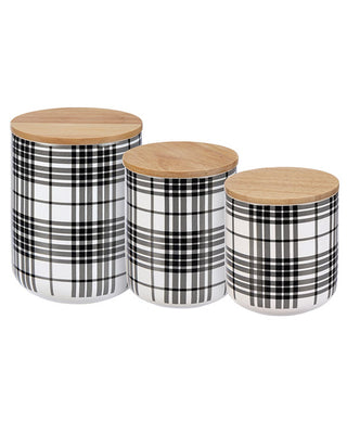 Black Plaid Canister, Set of 3 | Stoneware Kitchen Storage with Wood Lids