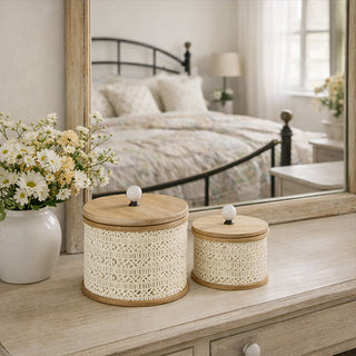 decorative wood canister set 2 piece lattice pattern beige
