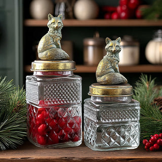 Pressed Glass Canisters with Distressed Gold Fox Finials, Set of 2