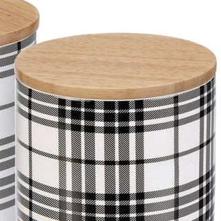 Black Plaid Canister, Set of 3 | Stoneware Kitchen Storage with Wood Lids