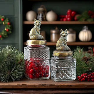 Pressed Glass Canisters with Distressed Gold Fox Finials, Set of 2