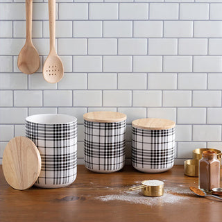Black Plaid Canister, Set of 3 | Stoneware Kitchen Storage with Wood Lids