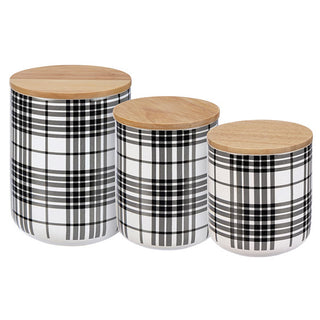 Black Plaid Canister, Set of 3 | Stoneware Kitchen Storage with Wood Lids