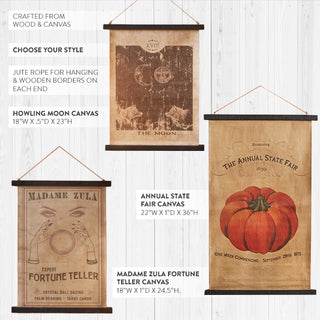 Set of vintage Halloween canvas wall art – Howling Moon tarot, Annual State Fair pumpkin print, and Madame Zula fortune teller design