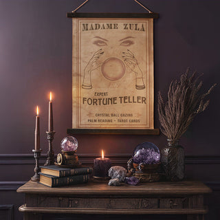 Madame Zula fortune teller vintage canvas wall art with crystal ball, candles, and mystical Halloween tabletop décor