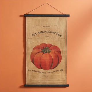 Annual State Fair 1879 pumpkin vintage wall canvas with rustic farmhouse style, hanging on burnt orange wall