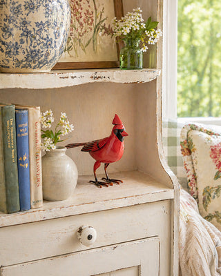 Red Metal Cardinal Figurine with Detailed Accents