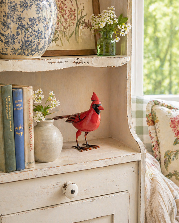 Red Metal Cardinal Figurine with Detailed Accents