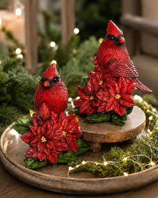 Resin Cardinal and Poinsettia Figurines, Set of 2