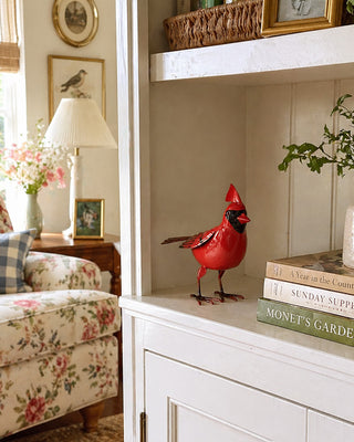 Red Metal Cardinal Figurine with Detailed Accents