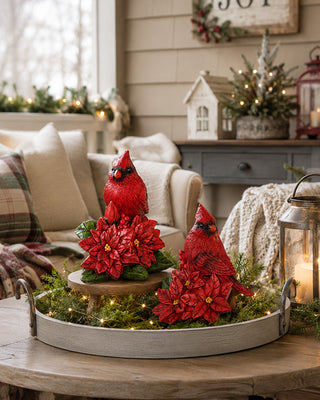 Resin Cardinal and Poinsettia Figurines, Set of 2