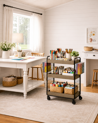 Farmhouse 3-Tier Wood and Metal Rolling Storage Cart with Wire Baskets