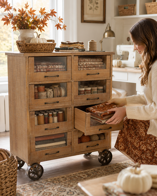 Industrial Rolling Wood Apothecary Cabinet with Glass Drawers