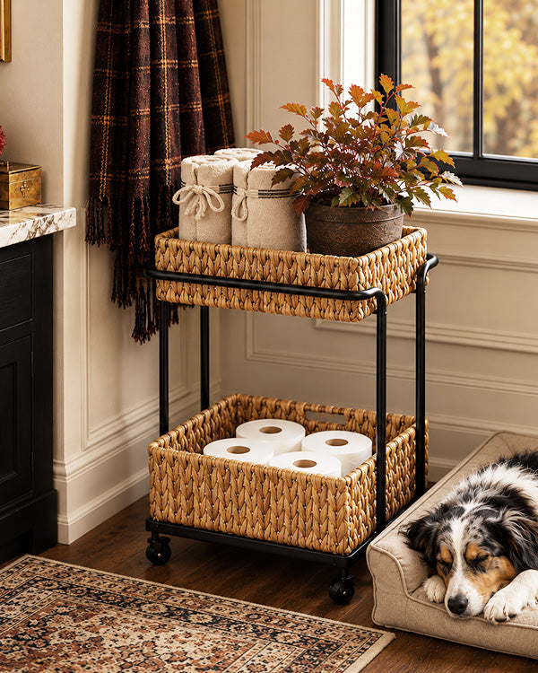 Two-Tier Natural Woven Basket Rolling Storage Cart with Wheels