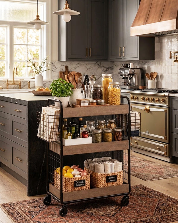 Farmhouse 3-Tier Wood and Metal Rolling Storage Cart with Wire Baskets